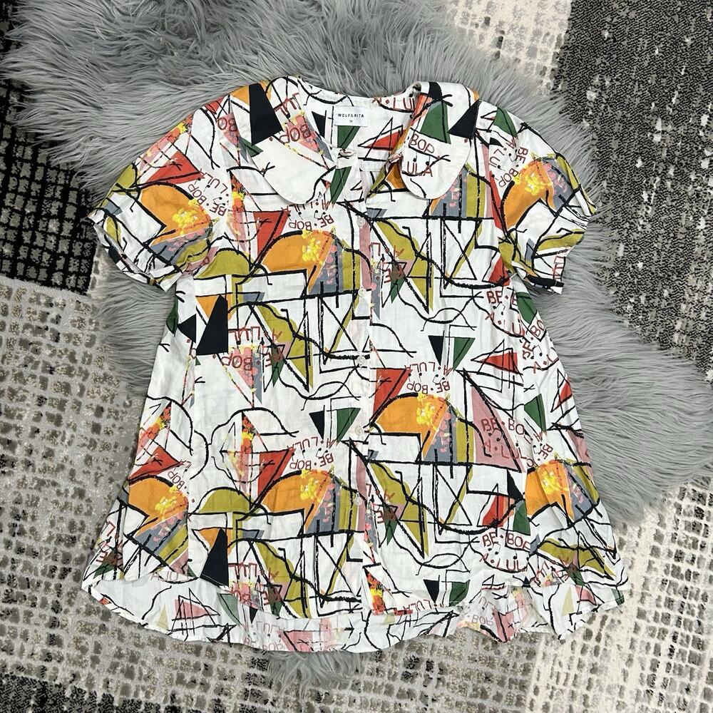 Wolf & Rita Girls Asymmetric Multicolor Graphic Print Dress In White Size‎ 14